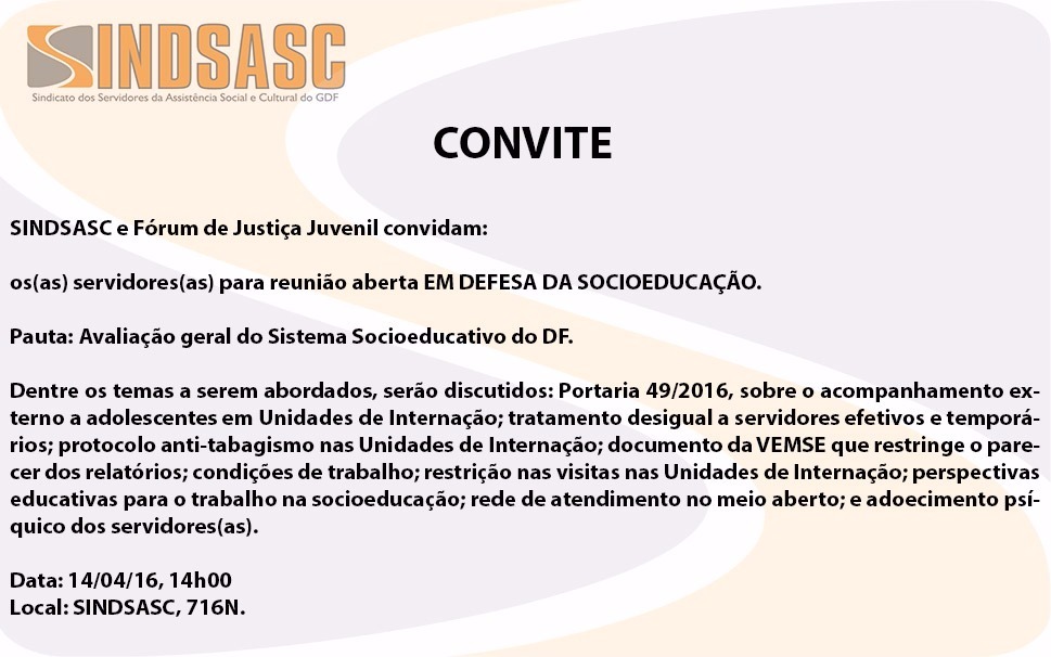 Convite SINDSASC e Fórum de Justiça Juvenil